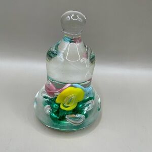 Joe St. Clair Signed Art Glass Bell Paperweight Pink Yellow Green Flowers 4” H